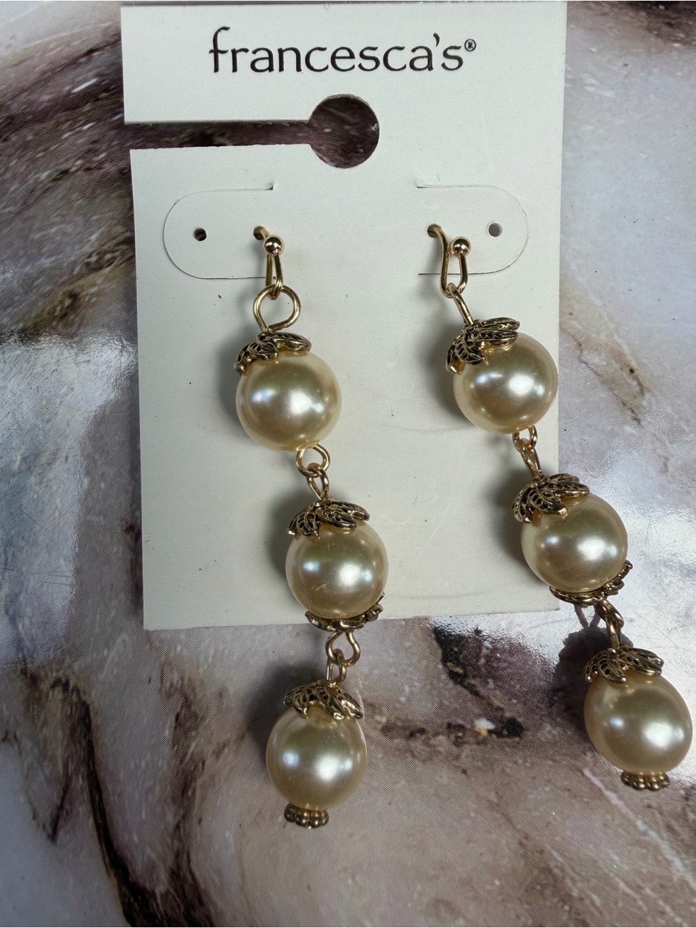 Francesca's Collections Gold and Champagne Pearl Triple Drop Earrings